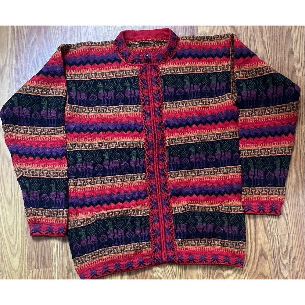 Alpaca Wool Peru Full zip Sweater Women Multicolor Llamas Designs Size L - NEW